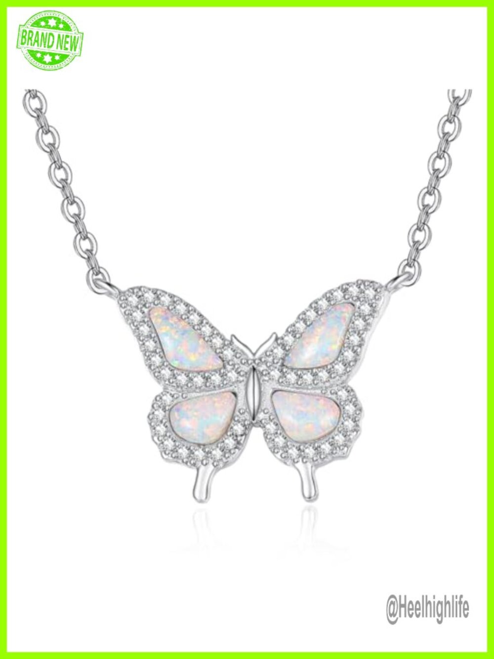 Sterling Silver Opal Butterfly Pendant Necklace 18 Inch Chain